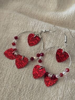 Red Holographic Heart Hoop Earrings , Heart Dangle Earrings